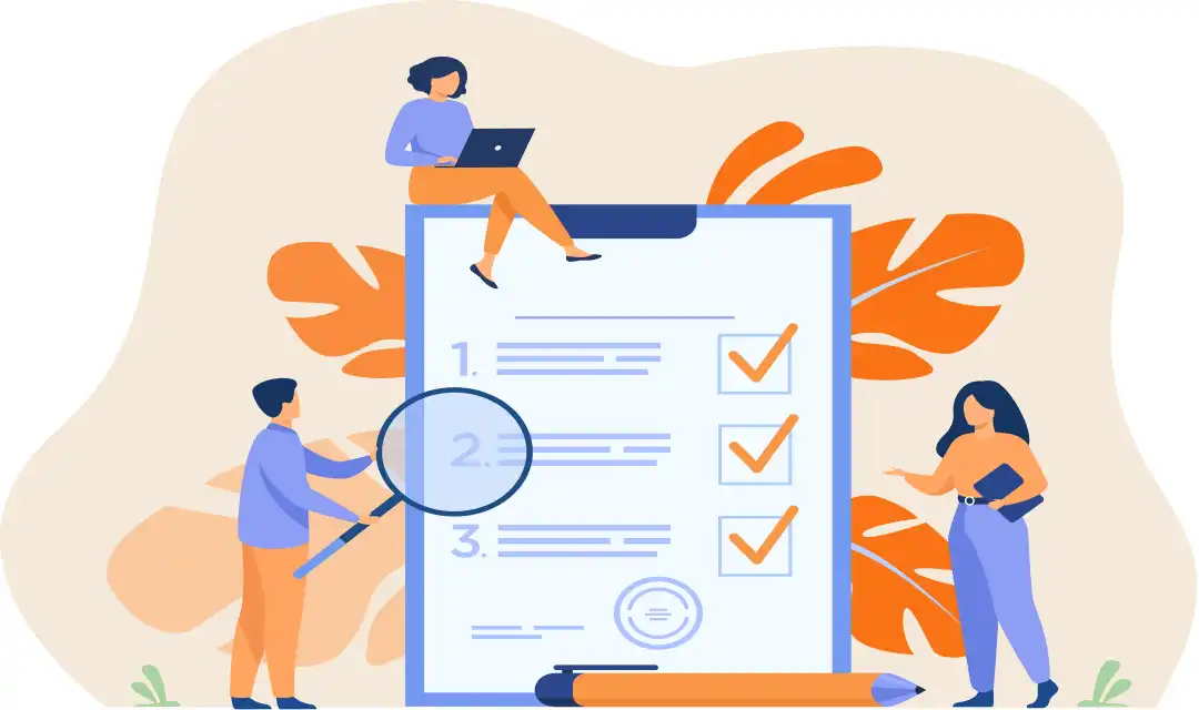 クリップボードを三人で確認しているイラスト。伝わりやすさをチェックする様子。